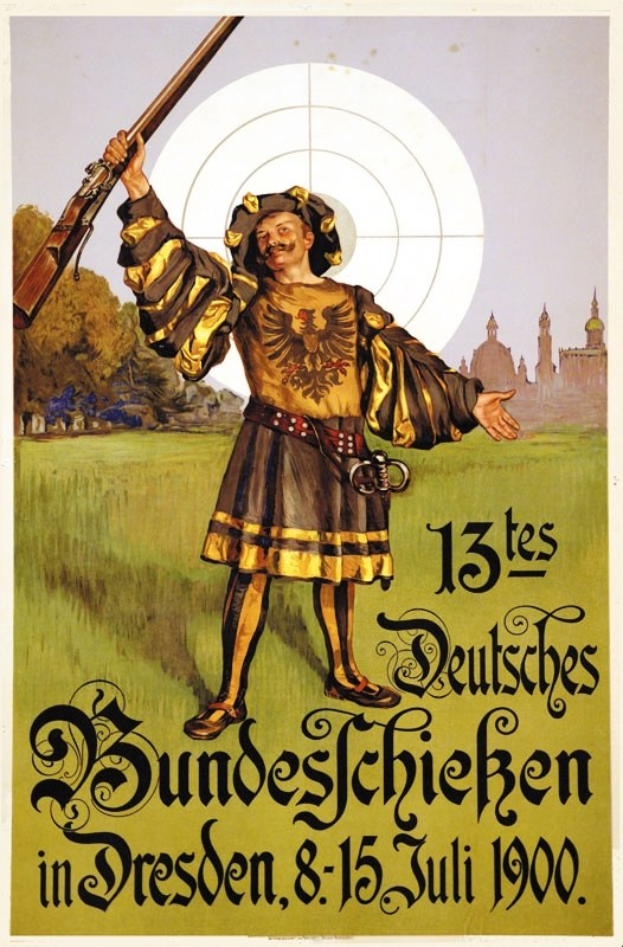 Plakat in Dresden, Deutschland, das eine Person mit einem Gewehr in der Hand zeigt, vor Bäumen und Gebäuden, das ein Event am 13. Juli ankündigt.