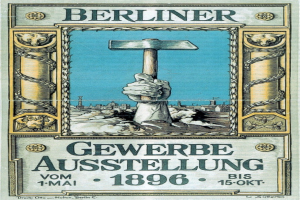 Plakat von der Berliner Gewerbeausstellung 1896 mit einer Hand, die einen Hammer hält, wahrscheinlich für ein Berliner Event.