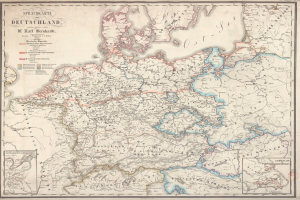 Ein altes Deutschland- und Rheinkarte, detailliert mit geografischen Merkmalen in Blau-, Grün-, Gelb- und Rot-Tönen, mit klassischer Schriftart.