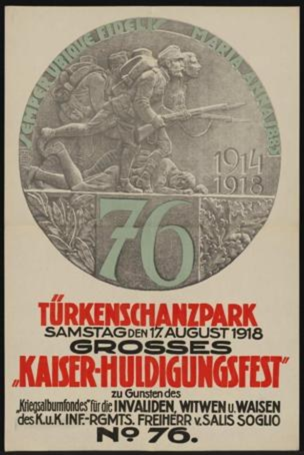 Plakat zum 70-jährigen Jubiläum des Kaiser-Huldigungsfestes in Berlin, Deutschland, mit einer Gruppe von Menschen in der Mitte, umrahmt von Text und Zahlen in einem klassischen Foto Rahmen.