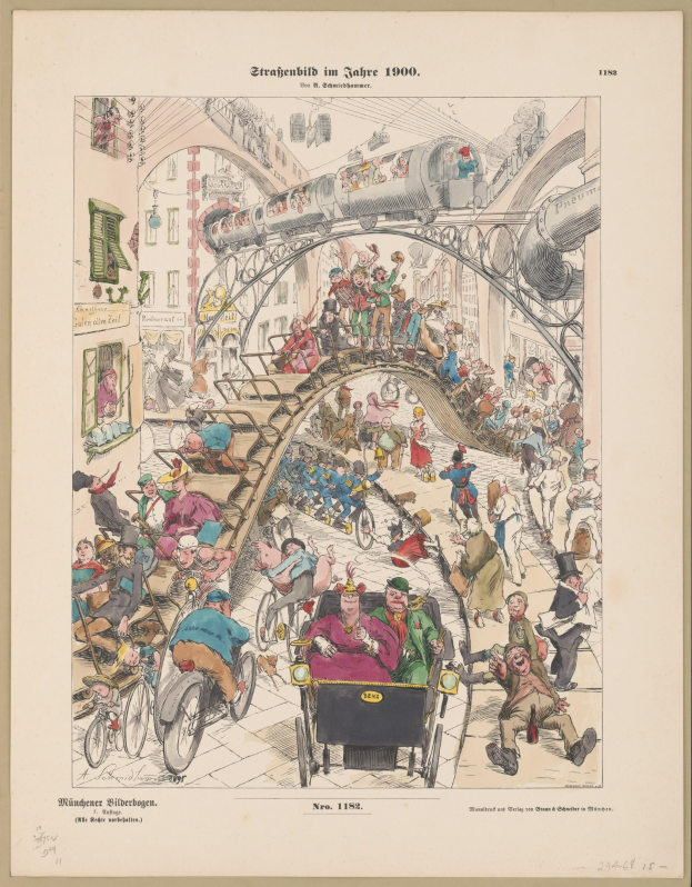 Schwarz-weiß-Illustration einer bevölkerten Bahnhofshalle aus dem Jahr 1900, eingerahmt von einem Photo-Rahmen, mit Menschen in Aufruhr.