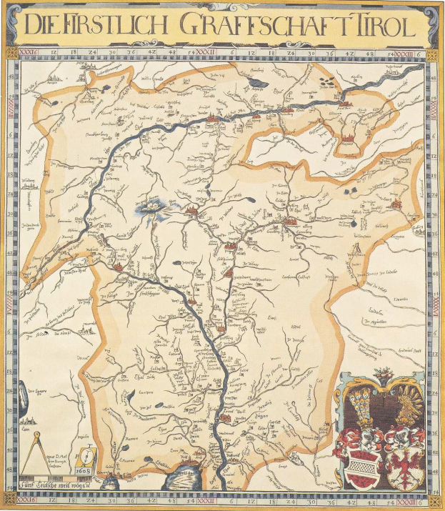 Ein detailliertes historisches Poster der ersten Grafschaft Tirol mit einer Karte, die geografische Merkmale, Städte und begleitenden Text zeigt.