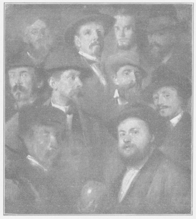 Ein Schwarz-Weiß-Foto einer Gruppe von Männern in Hüten, einer hält einen Ball, mit der Beschriftung "Gustav Klimt - Die Kugel" unten.