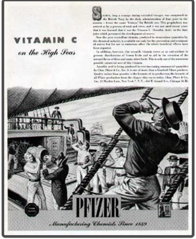 Werbeposter für Pfizer Vitamin C auf einem Schiff, das Text, Menschen, Seile und ein Schiff zeigt.