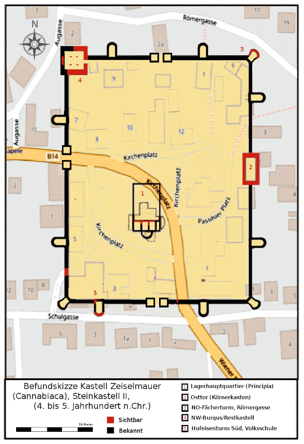 Eine detaillierte Karte von Heidelberg, Deutschland, mit dem Kastell Zeiselmauer in der Mitte, die Straßen, Gebäude, Sehenswürdigkeiten und Textbeschriftungen zeigt.