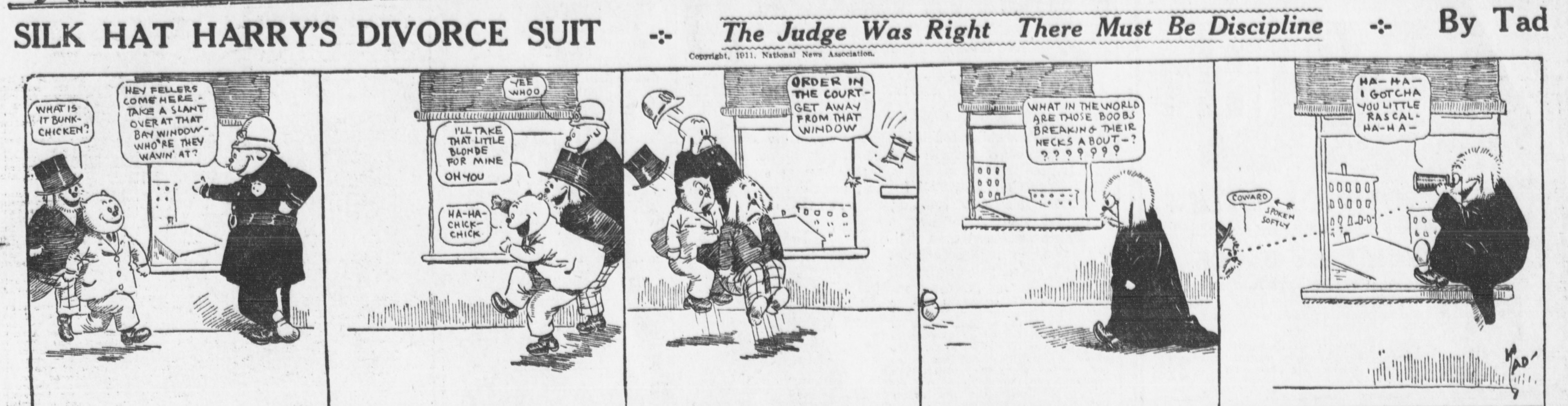 Cartoon-Illustration eines Mannes in einem schwarzen Anzug und einer Frau in einem eleganten Kleid mit einem schwarzen Schultertuch, beide mit ernsten Gesichtern, beschriftet mit "Scheidungsklage."