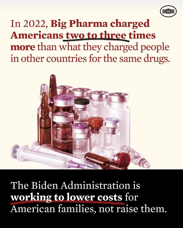 Ein Plakat mit der Aufschrift "In 2022 verlangte Big Pharma von Amerikanern zwei bis drei Mal so viel wie in anderen Ländern für dieselben Medikamente" mit Bildern von Medikamentenflaschen und einer Spritze darunter.