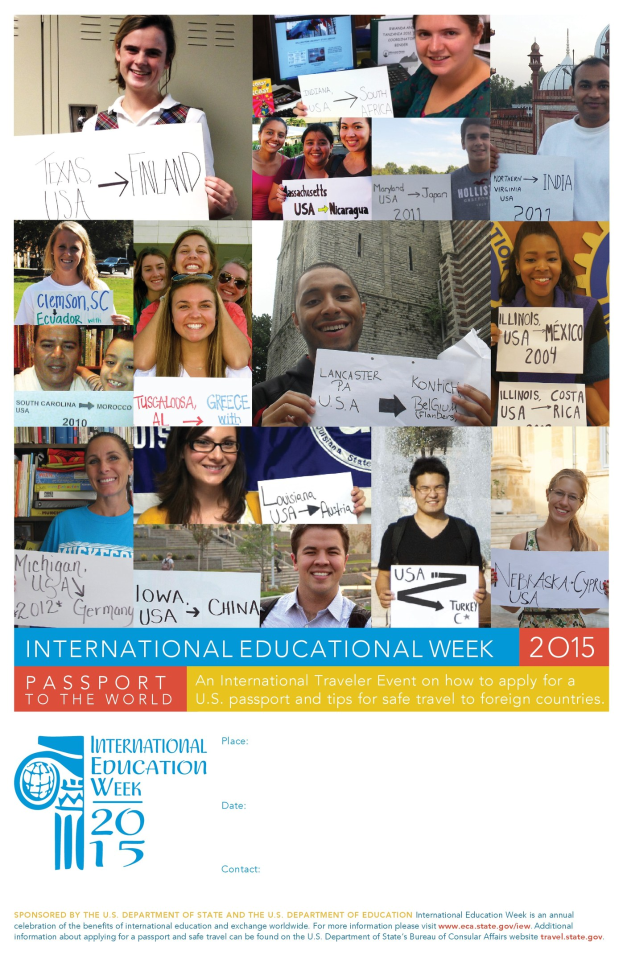 Internationaler Bildungswoche 2015 Plakat mit einer Gruppe von Menschen, die Schilder mit eventbezogenen Texten halten.