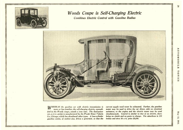 Anzeige für einen eleganten, modernen Wood's Coupe-Elektroauto mit geschwungener Dachlinie, großer, winkliger Frontgrille, glänzenden großen Rädern und getönten Fenstern, das auf einer grasbewachsenen Fläche mit Bäumen im Hintergrund geparkt ist.