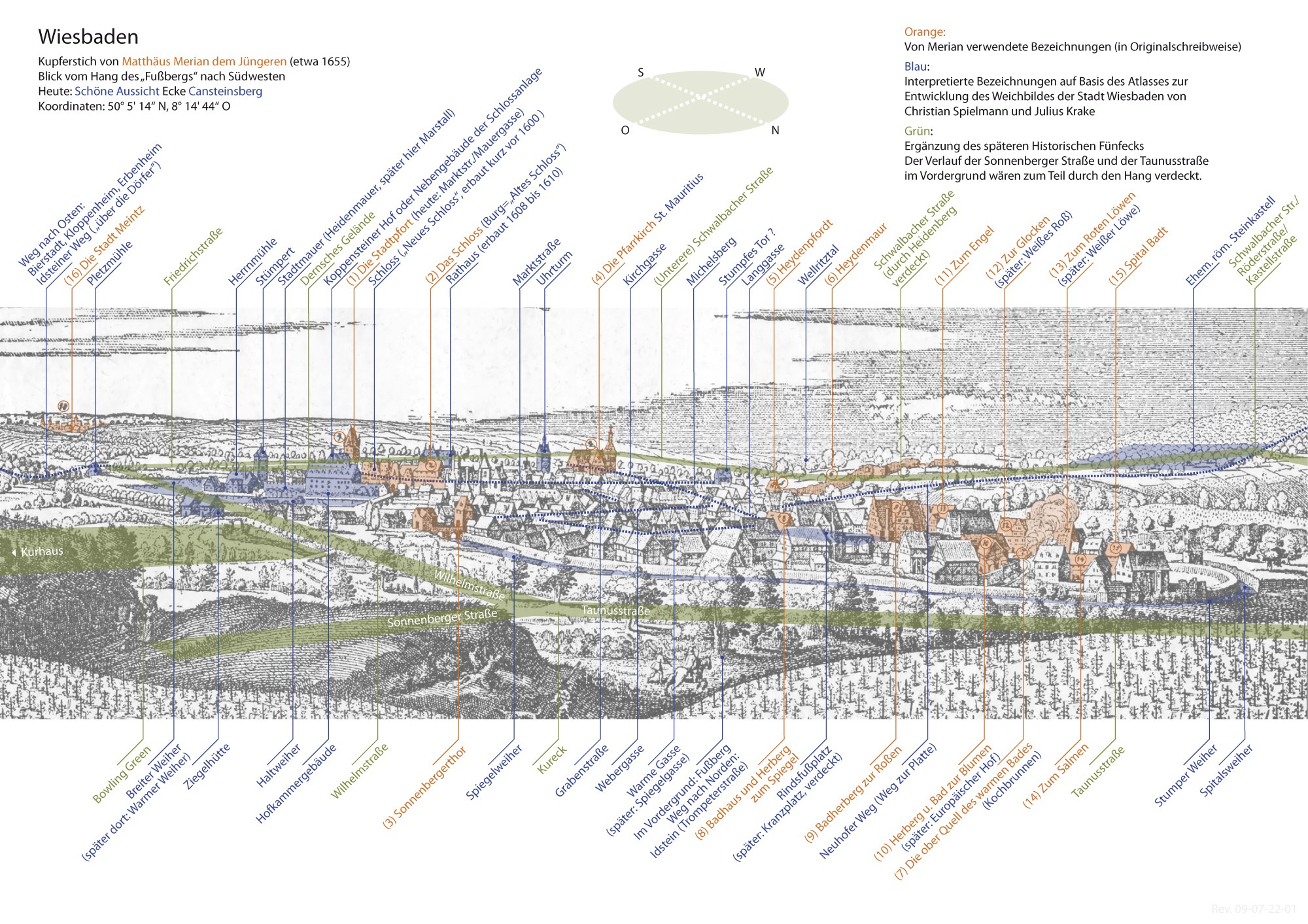 Ein detailliertes Stadtplan von Wiesbaden, Deutschland, mit historischem Text-Overlay, unter Verwendung von blau, grün und gelb Schattierung, um die umliegenden Städte und Gemeinden anzuzeigen.