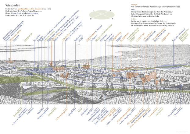 Ein detailliertes Stadtplan von Wiesbaden, Deutschland, mit historischem Text-Overlay, unter Verwendung von blau, grün und gelb Schattierung, um die umliegenden Städte und Gemeinden anzuzeigen.