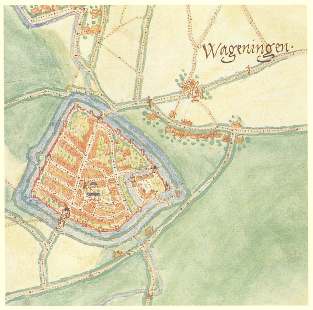 Detailiertes Stadtplan-Poster von Wageningen, Deutschland, mit Straßen, Gebäuden und Sehenswürdigkeiten mit beschrifteten Texten.