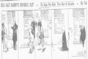 Cartoon-Illustration eines Mannes in einem schwarzen Anzug und einer Frau in einem eleganten Kleid mit ernsten Gesichtern, beschriftet mit "Scheidungsklage."