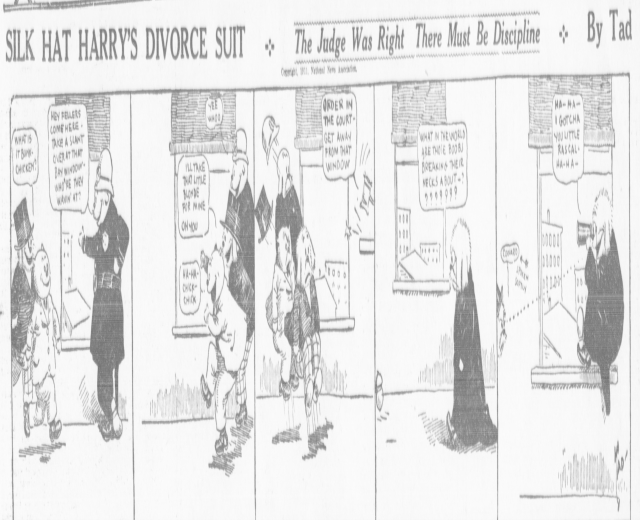 Cartoon-Illustration eines Mannes in einem schwarzen Anzug und einer Frau in einem eleganten Kleid mit ernsten Gesichtern, beschriftet mit "Scheidungsklage."