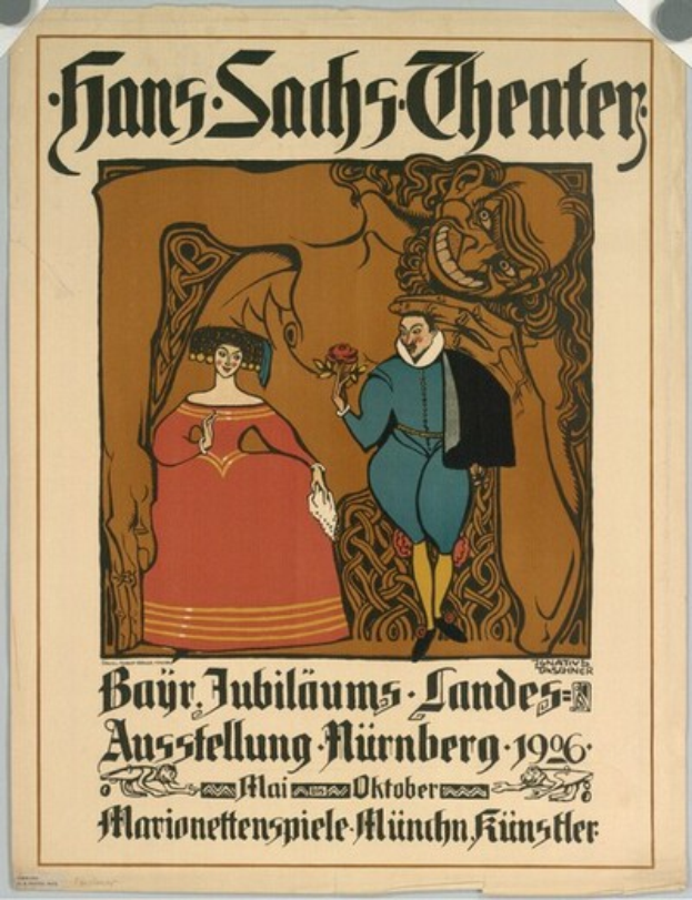 Ein Plakat für das Hans-Sachs-Theater in München, Deutschland, das einen Mann im Anzug und eine Frau in einem Kleid zeigt, die nebeneinander stehen, vor einem tiefblauen Hintergrund mit funkelnden Sternen.
