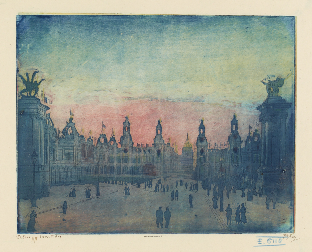 Ein Gemälde eines Stadtplatzes mit Menschen, umgeben von Gebäuden und Statuen, mit Text unten.