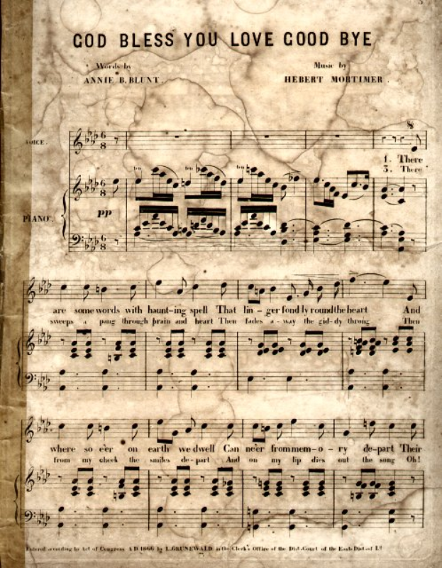 Ein altes Notenblatt mit dem Titel "God Bless You Love Good Bye" mit Noten und musikalischen Symbolen, die die Melodie und den Rhythmus des Liedes angeben.