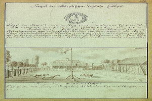 Ein historisches Dokument mit einer Straßenszene, einem Fahnenmast, Gebäuden, Bäumen und einem Himmel, überlagert mit Text aus der ersten Entwurfsfassung der deutschen Verfassung.