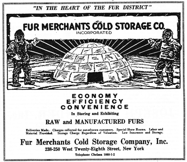 Eine Werbung f├╝r Fur Merchants Cold Storage Company, Inc., mit zwei Personen vor einer iglu├Ąhnlichen Struktur und Text, der die Dienstleistungen des Unternehmens beschreibt.