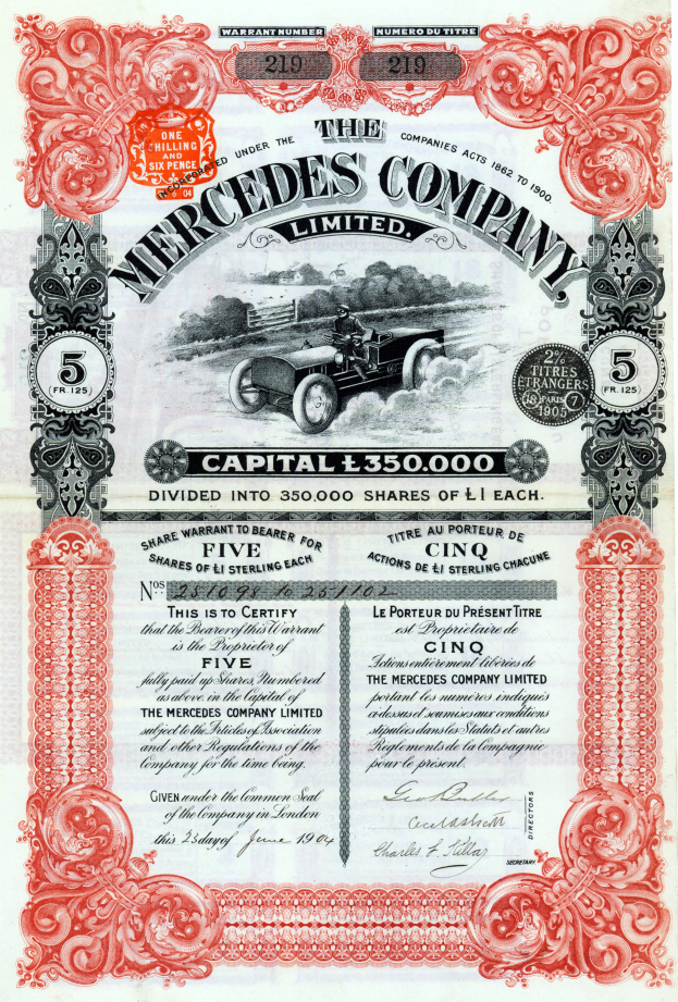Ein hellblaues Papier mit der fett gedruckten Überschrift "Mercedes-Benz Company Limited Stock Certificate" in der Mitte und einem Bild eines klassischen, eleganten Autos mit glänzendem Finish.