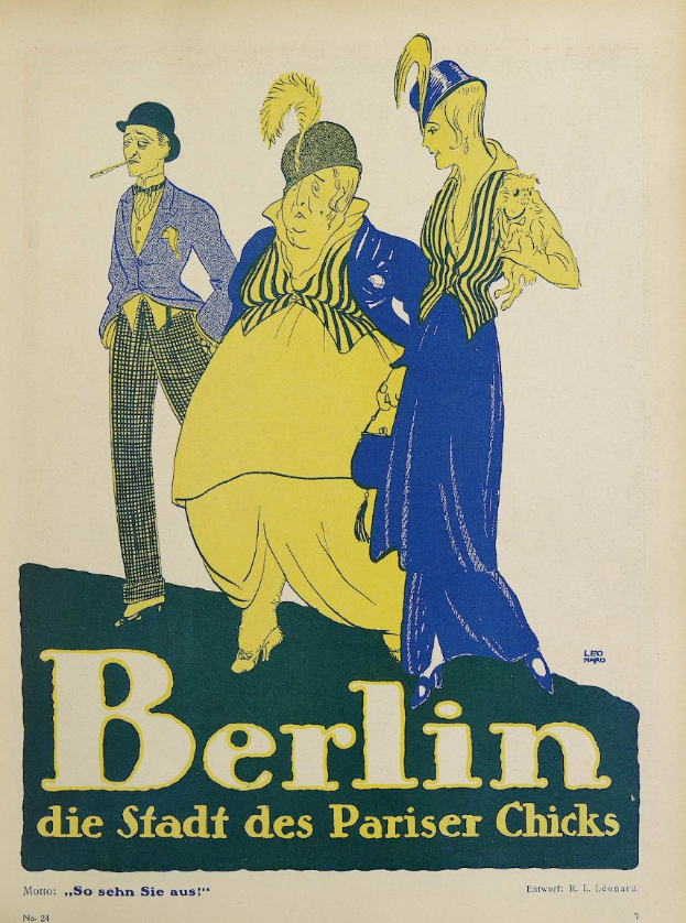 Ein Plakat f├╝r ein Konzert in Berlin, Deutschland, mit einer Gruppe von Menschen in bunter Kleidung vor einem Geb├Ąude mit der Aufschrift "Berlin - Die Stadt des Pariser Chicks" ├╝berall.