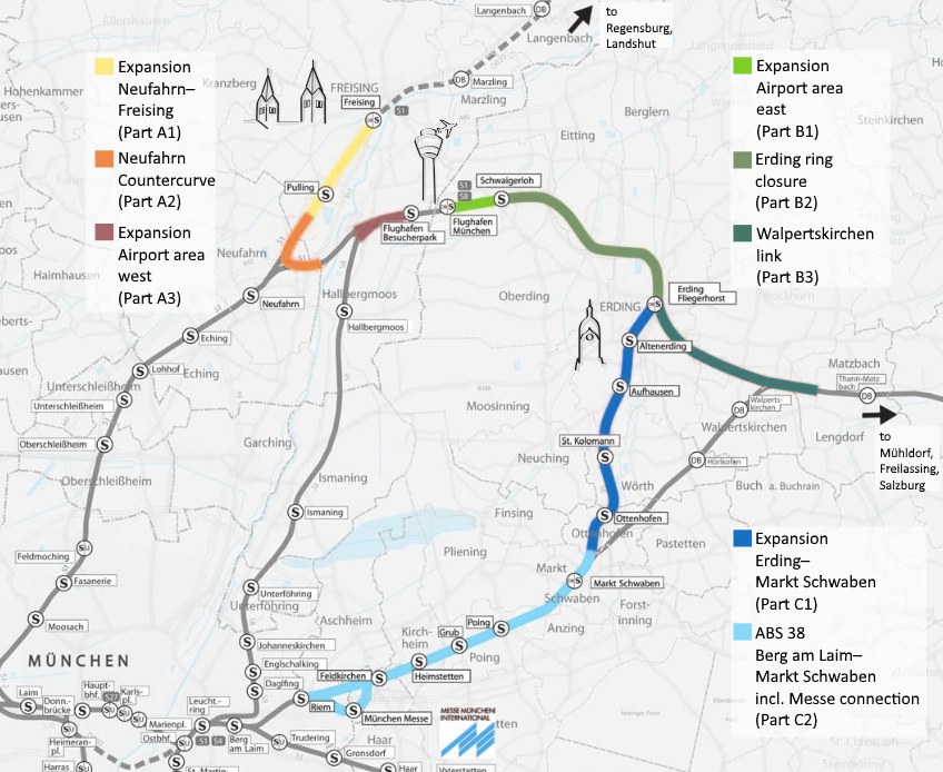 Eine detaillierte Karte einer Stadt mit einer hervorgehobenen Bahnroute von München nach Frankfurt, einschließlich Haltestellen und Umgebung, sowie zusätzlicher Bahninformationen.