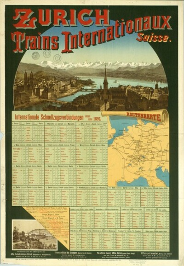 Ein Vintage-Plakat, das die Zürcher Trains Internationalaux in der Schweiz bewirbt, mit einer Stadtkarte, Gebäuden, Wasser, Bergen und Text im Hintergrund.