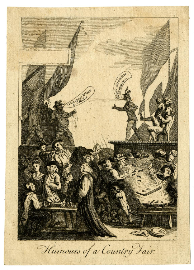 Eine Gruppe von Menschen sitzt an einem Tisch, lacht und strahlt, mit wehenden Fahnen im Hintergrund und Text unten, der "Lustigkeiten auf dem Land" lautet.