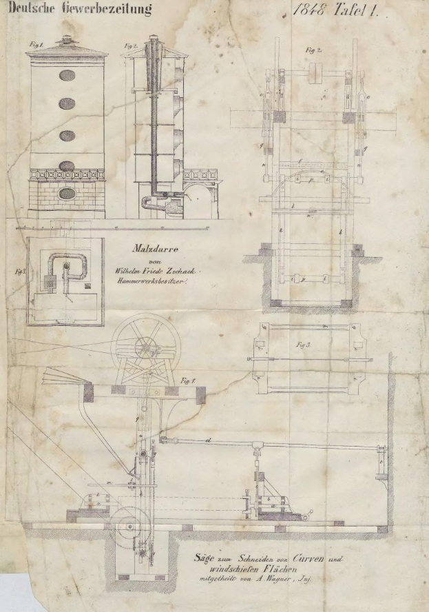 Ein detailliertes Bild einer Maschine auf einem Blatt Papier, das als erste Druckerpresse in Deutschland von 1848 gilt, mit umfassenden Konstruktionsdetails und Text.