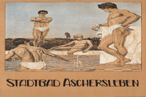 Ein Plakat für ein Schwimmbad in Aschersleben, Deutschland, das Menschen im Wasser zeigt, darunter einen sitzenden, begleitet von Text.