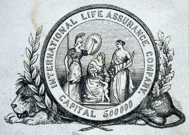 Schwarze und weiße Zeichnung des Logos der International Life Assurance Company mit Menschen, die Gegenstände halten, umgeben von Blättern und Text auf Papier.