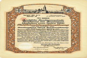 Alter deutscher Aktienchein mit einer Stadtansicht und bedrucktem Text, der wahrscheinlich den Ursprung der Aktie beschreibt.