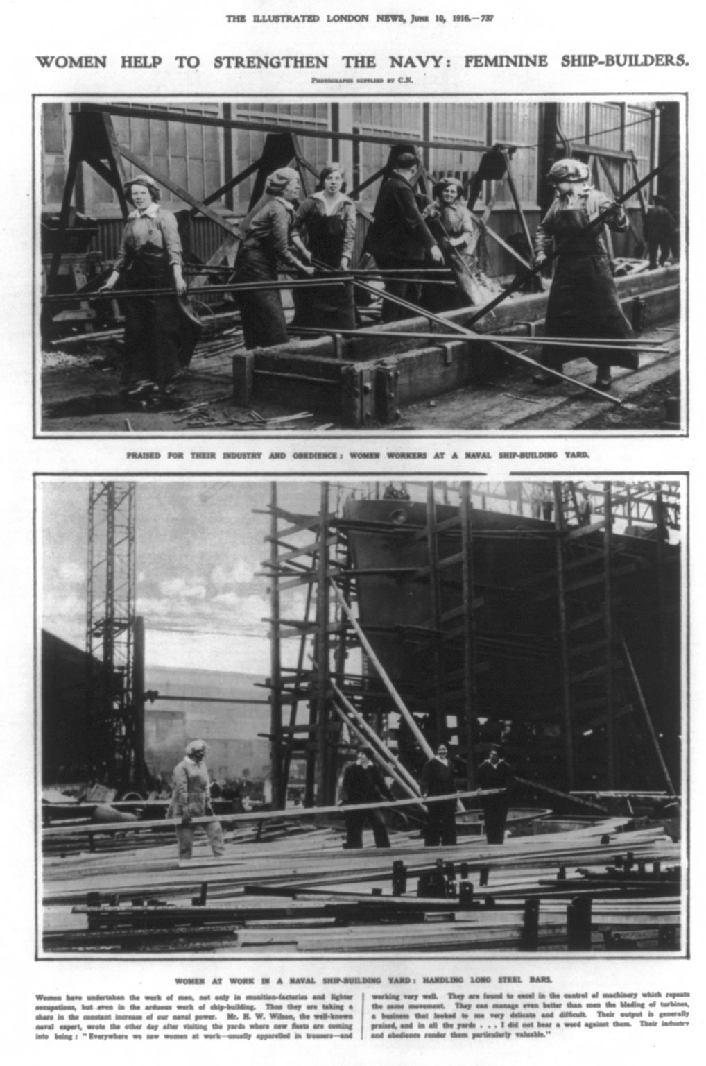 Schwarzes und weißes Foto von Frauen, die auf einem Schiff arbeiten, umgeben von Metallstangen und anderen Gegenständen, mit dem Text "Frauen stärken die Marine Feminine Schiffbauer" oben und unten.