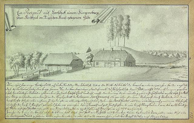 Ein verblichenes Dokument mit der Überschrift "Surgensburg, Deutschland - Landschaft einer Farm", das eine Farm in einem Feld mit Häusern, Bäumen und einem Himmel zeigt.