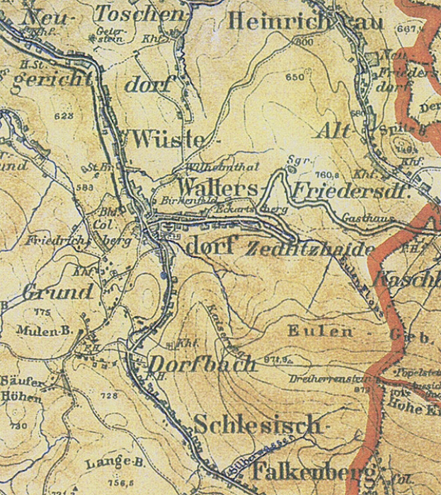 Ein detailliertes altes Stadtplan von Schlesisch, Deutschland, das die Schlacht von Wallers-Friedersdorf mit Text und Zahlen hervorhebt und Straßen, Gebäude und andere Gebietmerkmale zeigt.