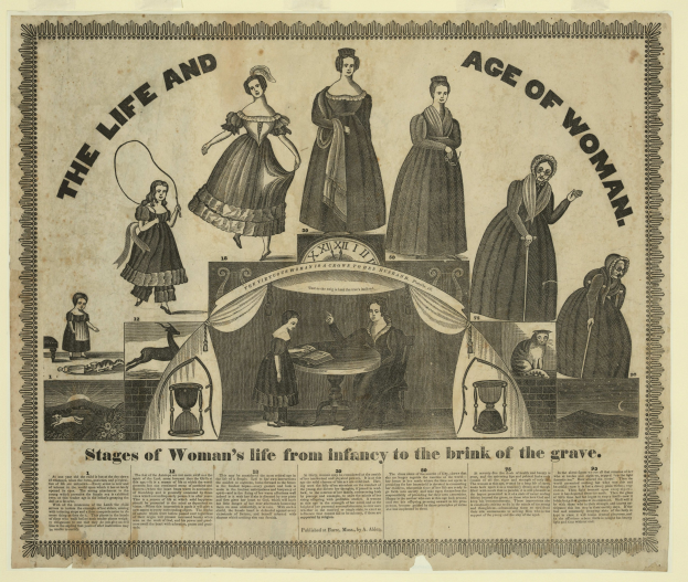 Eine farbenfrohe Papierreproduktion, die die Lebensphasen von Frauen von der Kindheit bis ins hohe Alter zeigt, mit fetter Schrift und detailreichem Design.