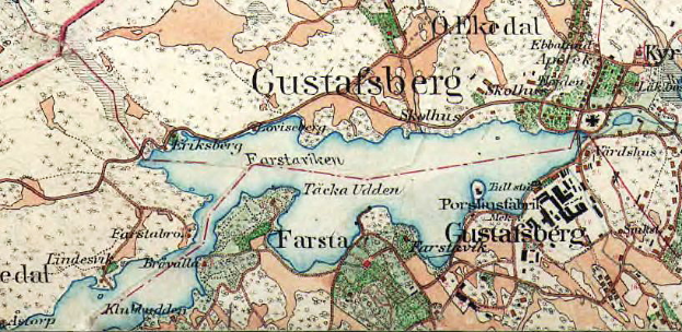 Ein detaillierter alter Stadtplan von Gustafsberg, Schweden, der Straßen, Gebäude und andere Merkmale zeigt, mit Texten, die Informationen zur Bevölkerung, Sehenswürdigkeiten und Straßen liefern.