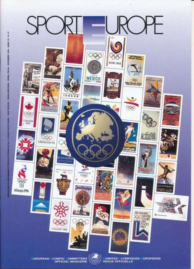 Ein Buchumschlag mit dem Titel 'Sporting Europe' in leuchtenden Farben und detaillierten Designs, der Olympische Symbole und verwandte Bilder zeigt.