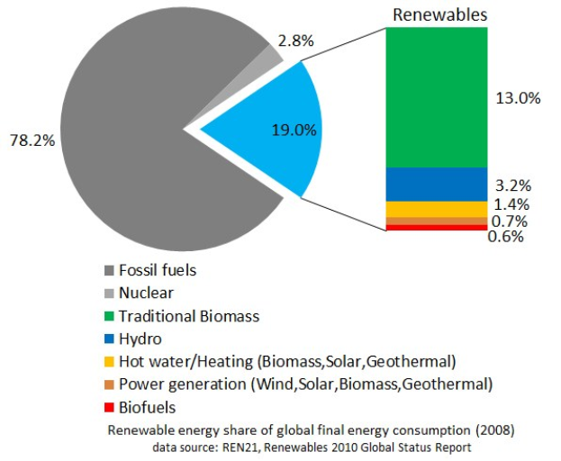 Tortendiagramm, das den globalen Verbrauch von erneuerbaren Energien im Jahr 2008 zeigt, aufgeschlüsselt nach Quellen wie fossile Brennstoffe, Kernenergie, Wasserkraft, Warmwasser, Heizung, Biomasse, Solarenergie, Geothermie und Biokraftstoffe.