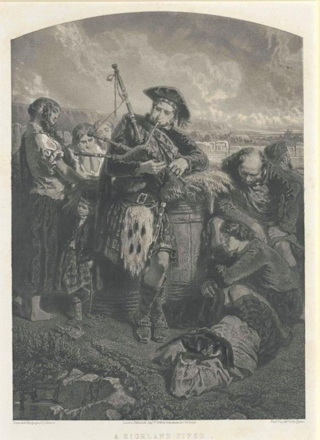Schwarze und weiße Gravur eines Mannes, der eine Dudelsackpfeife vor einer Gruppe von Menschen spielt, mit einem bewölkten Himmel im Hintergrund und dem Text "Ein Highland-Pfeifen" unten.