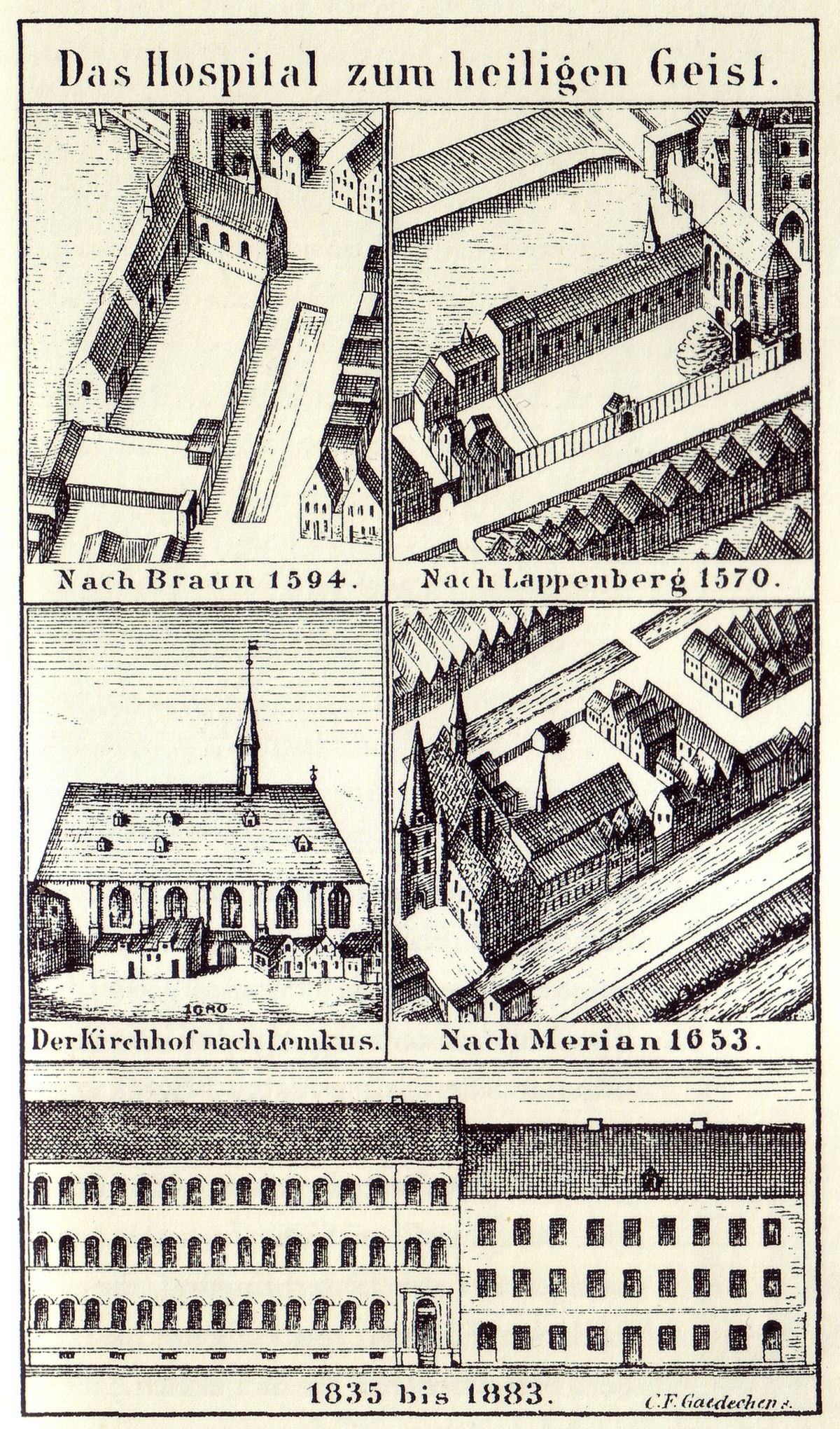 Detailreiche Abbildung eines deutschen Krankenhausgebäudes auf einem Plakat, begleitet von beschreibendem Text über seine Größe, Lage und Merkmale.