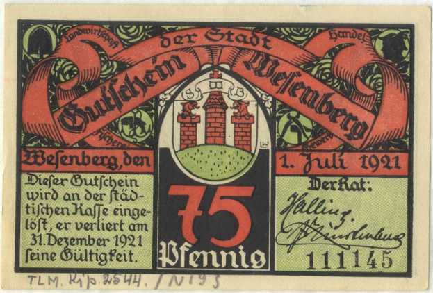 Eine alte deutsche Banknote mit einer Gebäudeillustration, dem Text "Bundesliga" und einem Logo unten auf einem weißen Hintergrund.