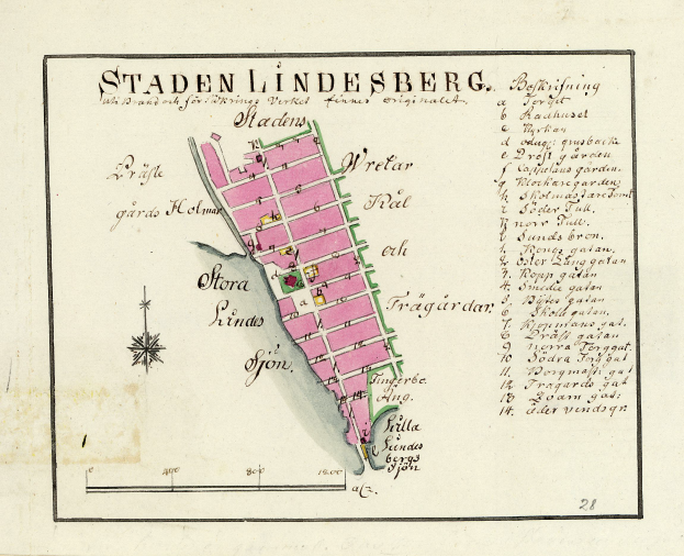 Ein detaillierter Stadtplan von Staden Lindesberg, Deutschland, mit Straßen, Gebäuden und Sehenswürdigkeiten, überlagert mit handgeschriebener Text.