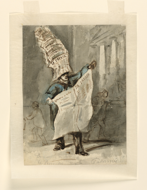 Ein Mann mit einer Zeitung auf dem Kopf, der einen Hut trägt und entschlossen aussieht, steht vor einer Gruppe Menschen, die ihn erwartungsvoll anschauen.