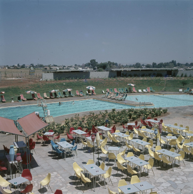 Freibad mit Tischen, Stühlen, Pflanzen, Blumen, Sonnenschirmen, Pfählen, einem Zaun, einer Wand, Bäumen, Gebäuden und einem bewölkten Himmel.