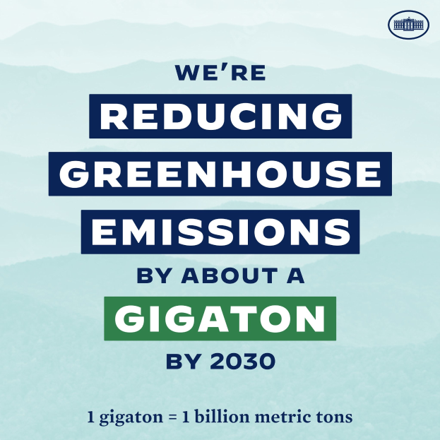 Plakat mit Text und Logo, das "Wir reduzieren die Treibhausgasemissionen um etwa eine Gigatonne bis 2030" besagt und für eine signifikante Reduzierung der Treibhausgase bis 2030 wirbt.