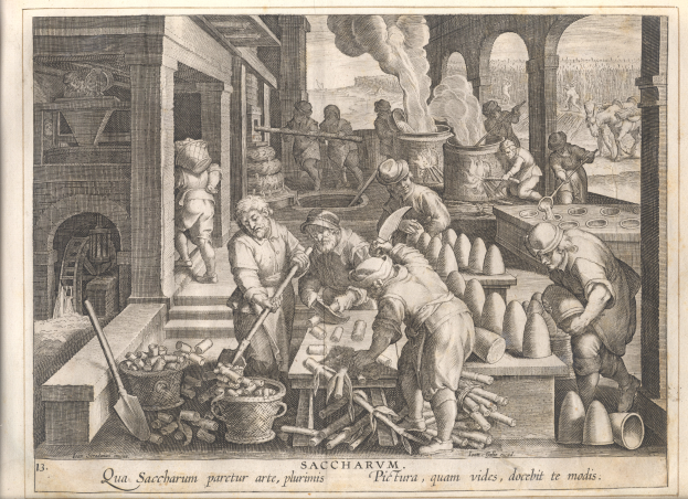 Eine Gravur, die eine Gruppe von Menschen zeigt, die in einer Fabrik arbeiten, einige halten Werkzeuge, mit Töpfen, Eimern und anderen Gegenständen, die herumliegen, und Text unten.