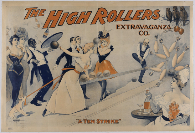 Ein Plakat aus den 1920er Jahren für die High Rollers Extravaganza Co., das ein Bowlingspiel bewirbt, mit Menschen in vintage-Kleidung und dem Text 'A Ten Strike' oben sowie einem gedämpften Blau-, Grün- und Gelbton