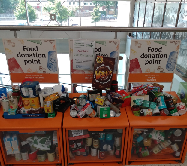 Orange Schübe mit Lebensmitteln wie Flaschen, Dosen und Kisten, begleitet von Informationsschildern, mit Fahrzeugen, Bäumen, Gebäuden und Himmel durch Glasfenster im Hintergrund.