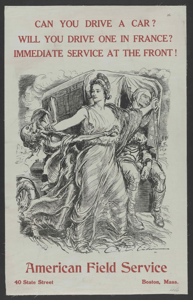 Ein Plakat mit schwarzem Hintergrund, das eine Frau und einen Mann zeigt, mit der Aufschrift "Kannst du ein Auto fahren? Wirst du eines in Frankreich fahren? Sofortiger Service an der Front"